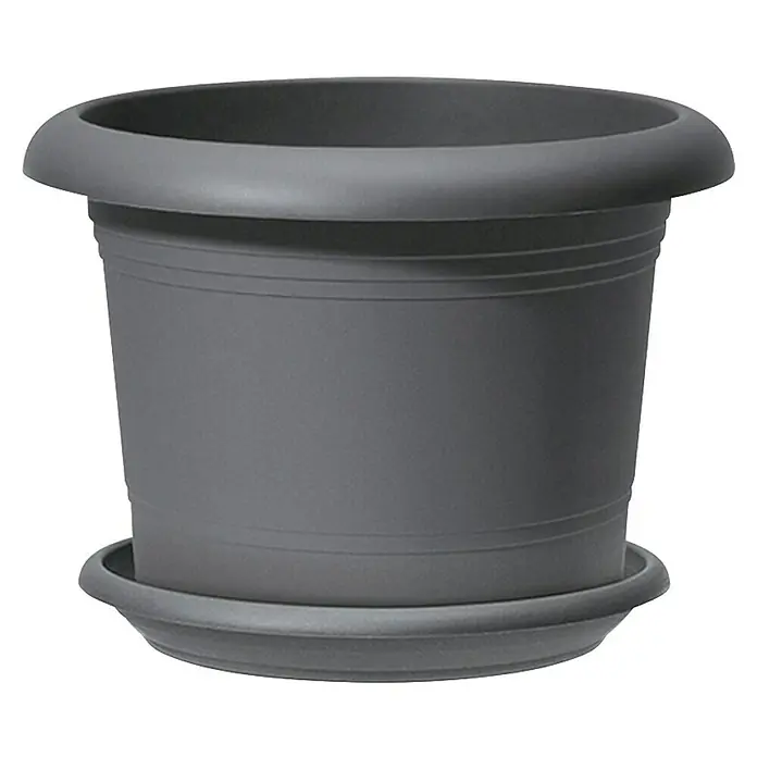 Scheurich Blumentopf-Untersetzer Oliver - Außenmaß (Ø x H): 78 x 12 cm, Kunststoff, Metallic Grey - Ein grauer Pflanztopf mit passender Untertasse. Ideal für drinnen und draußen, um Pflanzen stilvoll zu präsentieren.