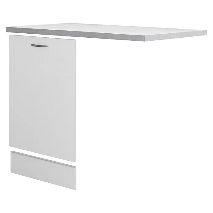 Flex-Well Wito Geschirrspülerfront - B x T x H: 110 x 60 x 85 cm, Weiß - Weißer modularer Küchenschrank mit hellgrauer Arbeitsplatte und silbernem Griff.