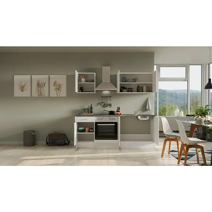 Flex-Well Lucca Singleküche - Breite: 210 cm, Weiß, Mit Elektrogeräten - Helles Küchenset mit weißen Schränken, Herd und Spüle, ergänzt durch moderne Dekoration und Essbereich, ideal für kleine Räume.
