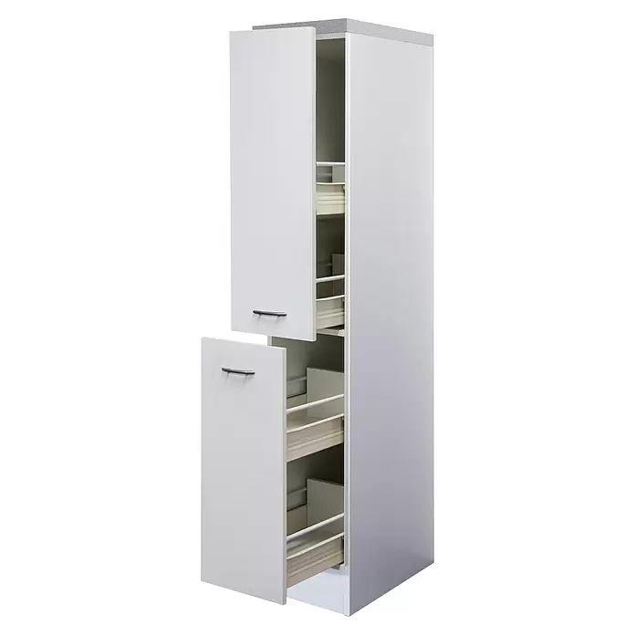 Flex-Well Wito Singleküche - Breite: 180 cm, Weiß, Mit 2 Platten-Kochfeld & Mikrowelle - Weißer hoher Küchenschrank mit mehreren internen Auszügen, ausgestattet mit modernen Metallgriffen.