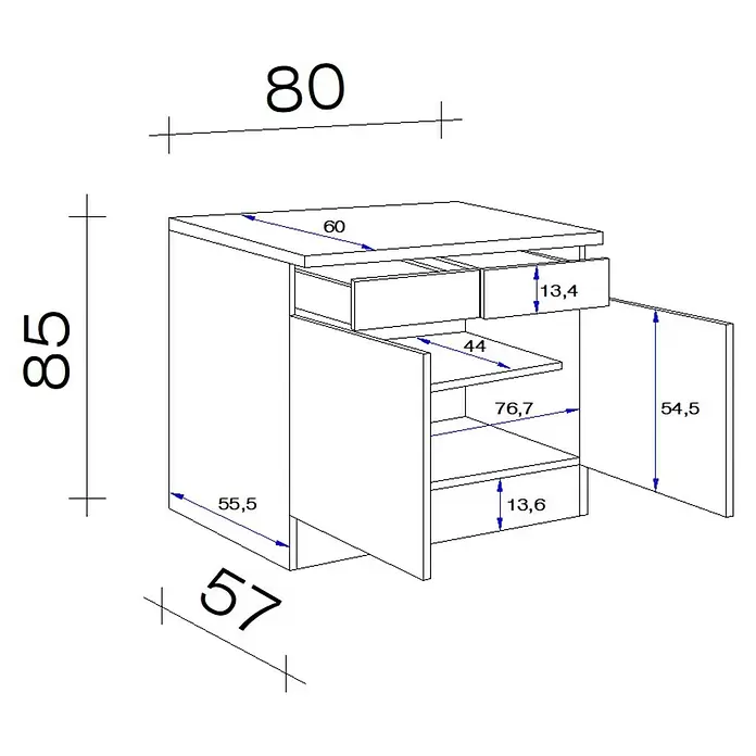 Flex-Well Wito Küchen-Unterschrank - B x T x H: 80 x 60 x 85 cm, Weiß - Technische Zeichnung eines Unterschranks mit zwei Schubladen, zwei Türen, Einlegeböden und Bemaßungen.