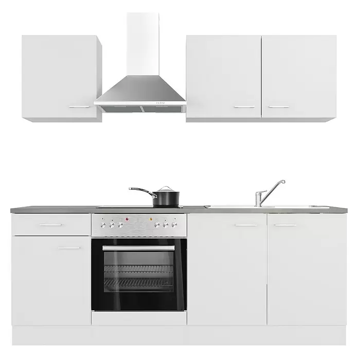 Flex-Well Lucca Singleküche - Breite: 210 cm, Weiß, Mit Elektrogeräten - Moderne Küchenzeile mit weißen Schränken, Backofen, Kochfeld, Spüle und Dunstabzugshaube. Ein schwarzer Topf steht auf dem Kochfeld.
