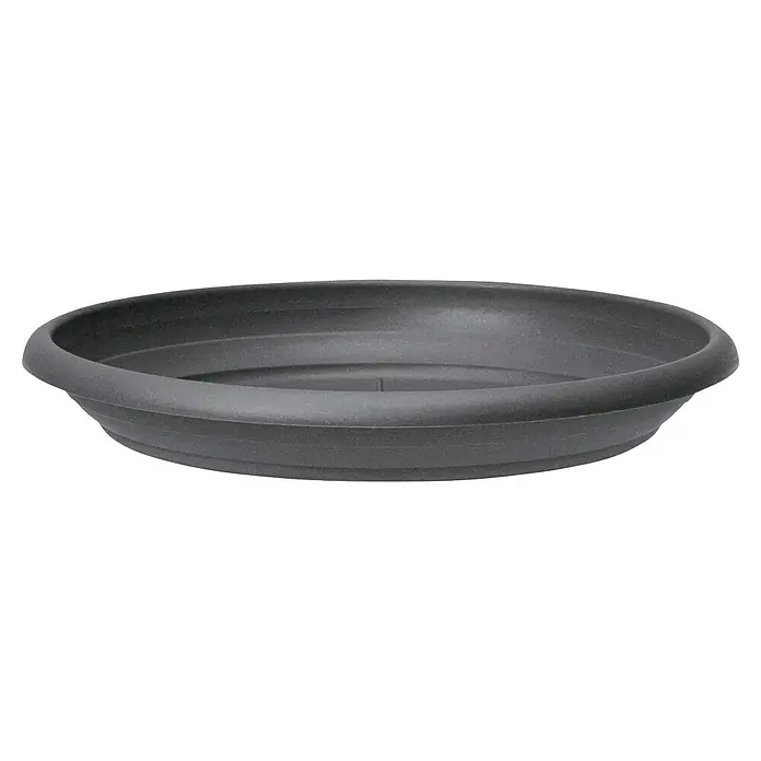 Scheurich Blumentopf-Untersetzer Oliver - Außenmaß (Ø x H): 78 x 12 cm, Kunststoff, Metallic Grey - Hier ist eine Nahaufnahme einer grauen Pflanztopfuntersetzer aus Kunststoff, ideal zum Auffangen von überschüssigem Wasser.