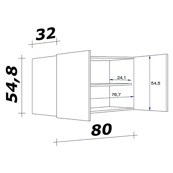 Flex-Well Wito Küchen-Hängeschrank - B x T x H: 80 x 32 x 54,8 cm, Weiß - Technische Zeichnung eines zweitürigen Schranks mit Einlegeböden, Gesamt- und Innenmaße anzeigend.