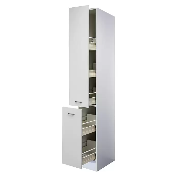 Flex-Well Wito Demi-Apothekerschrank - B x T x H: 30 x 57 x 200 cm, Weiß - Weißer hoher Küchenschrank mit zwei teilweise geöffneten Türen, die mehrere ausziehbare Schubladen zeigen.
