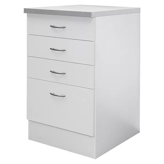 Flex-Well Wito Unterschrank Auszug - B x T x H: 50 x 57 x 85 cm, Weiß - Weißer Schrank mit vier Schubladen, silbernen Griffen und grauer gesprenkelter Arbeitsplatte.