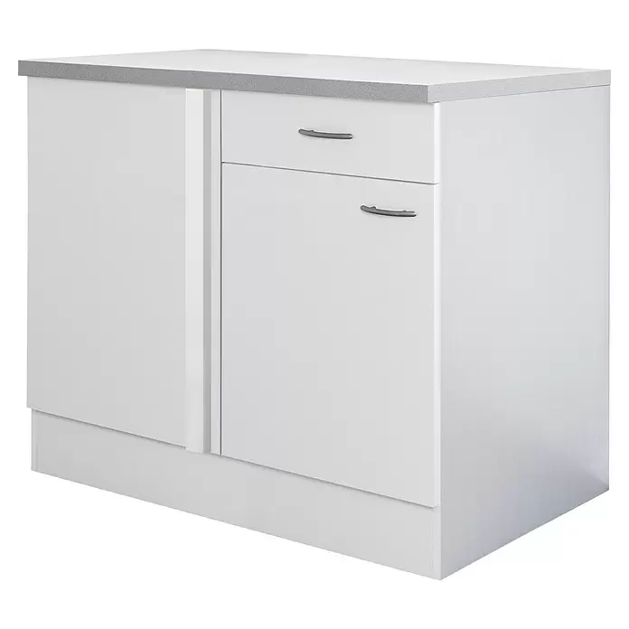 Flex-Well Wito Eck-Unterschrank - B x T x H: 110 x 60 x 85 cm, Weiß - Weißer Küchenunterschrank mit grauer Arbeitsplatte, zwei Schubladen und einer Tür mit silbernen Griffen.