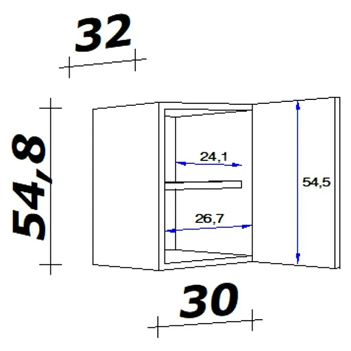 Flex-Well Avila Hängeschrank - B x T x H: 30 x 32 x 54,8 cm, Magnolia matt - Technische Zeichnung eines Schranks mit offener Tür und internem Regal, mit Maßen (B 32, H 54,8, T 30).