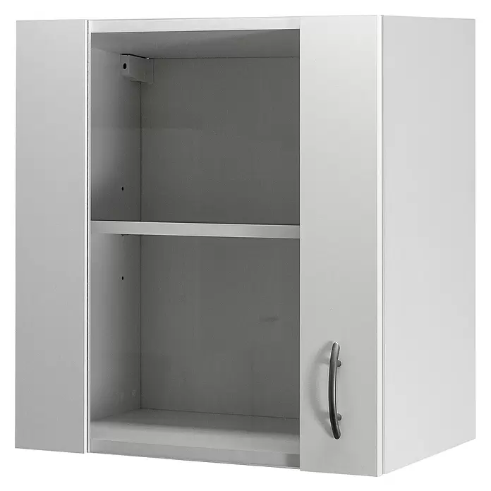 Flex-Well Wito Glas-Hängeschrank - B x T x H: 50 x 32 x 54,8 cm, Weiß - Weißer Wandschrank, teilweise geöffnet, mit einem verstellbaren Einlegeboden und einem dunklen Griff.