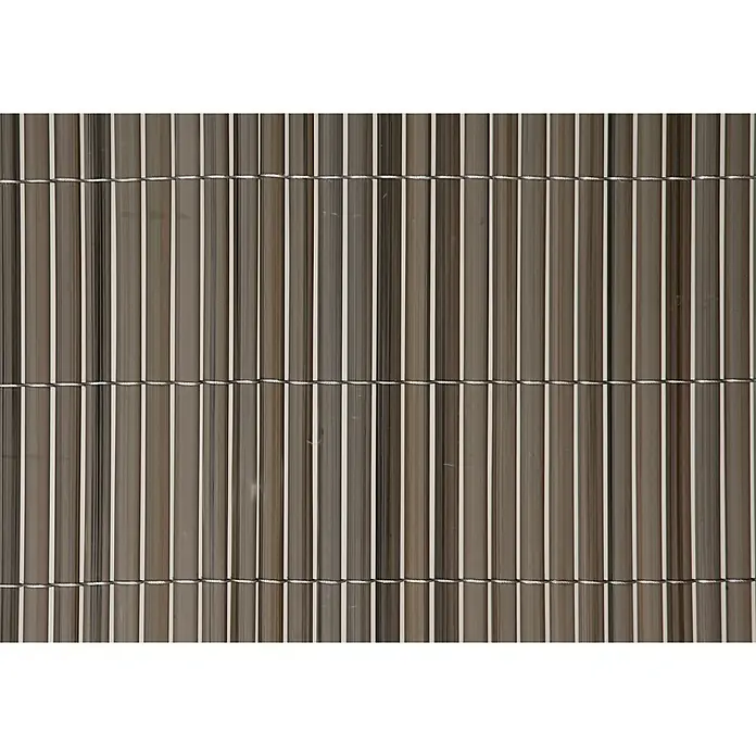 Sichtschutzmatte Comfort - 300 x 90 cm, Kunststoff, Grau - Nahaufnahme eines braunen Bambusrollzauns. Die Streben sind mit hellem Garn verbunden, was eine natürliche und dekorative Optik erzeugt.