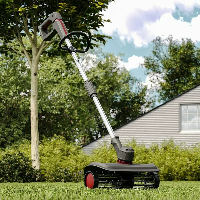 AL-KO Bosch Home & Garden Compatible Akku-Rasenlüfter AR 1835 - Anzahl Akkus: Ohne Akku, 18 V, Arbeitsbreite: 35 cm - Ein Rasenlüfter mit verstellbarem Griff und roten Akzenten steht im Garten vor einem Haus.