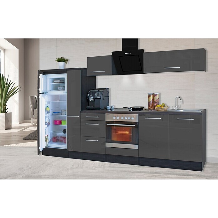 Respekta Premium Composición de cocina (Ancho: 300 cm, Con dispositivos eléctricos, Gris de alto brillo)