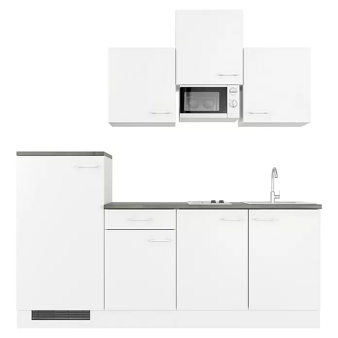 Flex-Well Lucca Singleküche mit Mikrowelle - Breite: 210 cm, Weiß, Mit Elektrogeräten - Weiße moduläre Küchenzeile mit Oberschränken, integrierter Mikrowelle, Kühlschrank und Unterschränken mit grauer Arbeitsplatte, Spüle und Kochfeld.