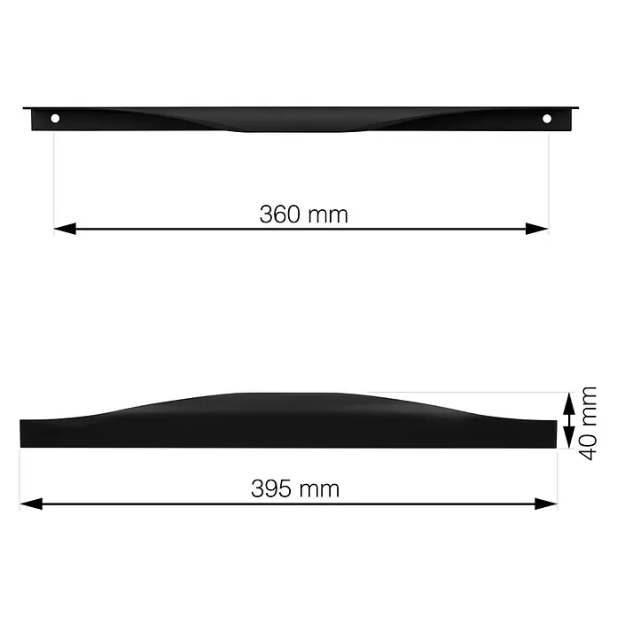 Walteco Möbelgriff Todi - Lochabstand: 360 mm, Aluminium, Schwarz matt - Schwarzer ergonomischer Griff, 395mm lang, Lochabstand 360mm, 40mm hoch.