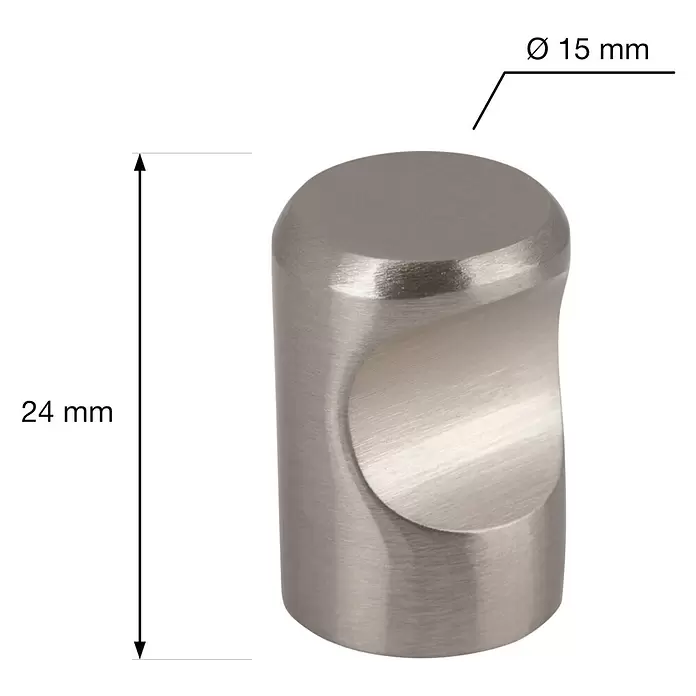 Walteco Möbelknopf Venlo - Durchmesser: 15 mm, Sonstige, Edelstahl-Optik - Gebürsteter Metallzylinderknopf mit gekrümmter Aussparung, Ø15mm, 24mm Höhe.