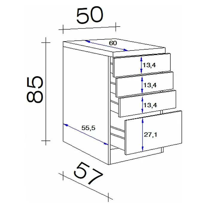 Flex-Well Tiago Unterschrank mit Schubkästen - B x T x H: 50 x 60 x 85 cm, Basaltgrau matt - Weißer Küchenunterschrank mit vier Schubladen und technischen Maßen für Höhe, Breite und Tiefe.