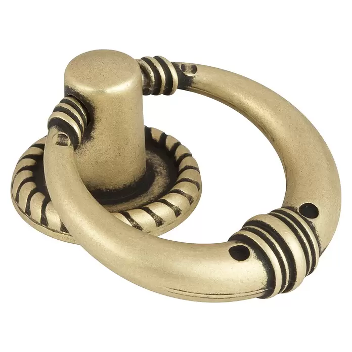 Walteco Möbelknopf Apasionado - L x B x H: 34 x 18 x 45 mm, Sonstige, Brüniert - Antiker Messing-Ringzuggriff mit dekorativen Rillen und dunklen Akzenten für Möbel.