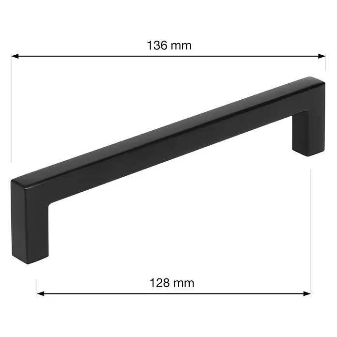 Walteco Möbelgriff Prisma - Lochabstand: 128 mm, Aluminium, Schwarz matt - Schwarzer Möbelgriff, Gesamtlänge 136 mm, Lochabstand 128 mm.