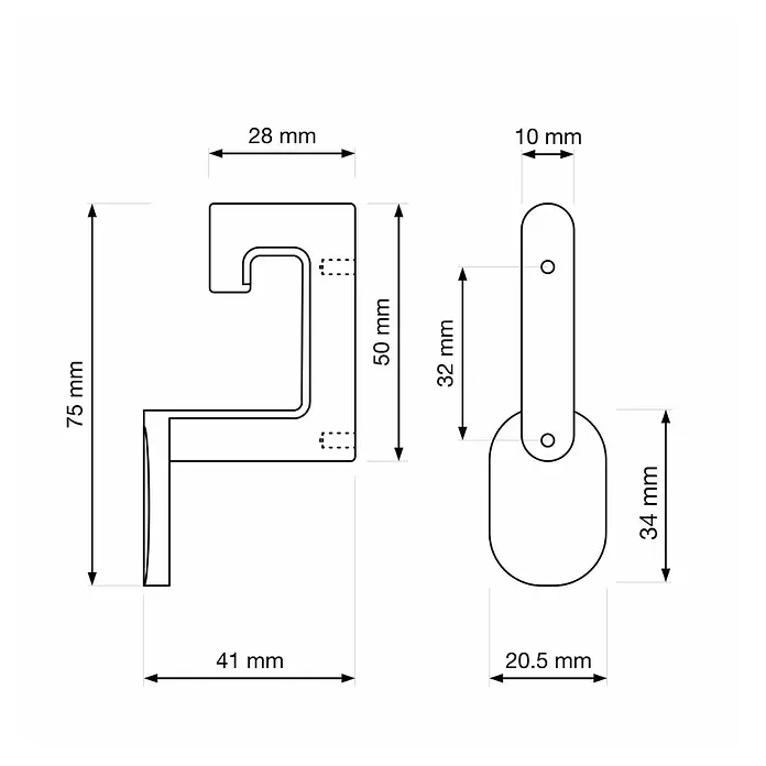 Walteco Garderobenhaken Kloter - L x B x H: 75 x 20,5 x 41 mm, Anzahl Haken: 2 Stk., Mattschwarz - Technische Zeichnung einer Z-förmigen Metallhalterung (75mm hoch) und eines schwenkbaren Aufhängers (Gesamtlänge ca. 66mm).