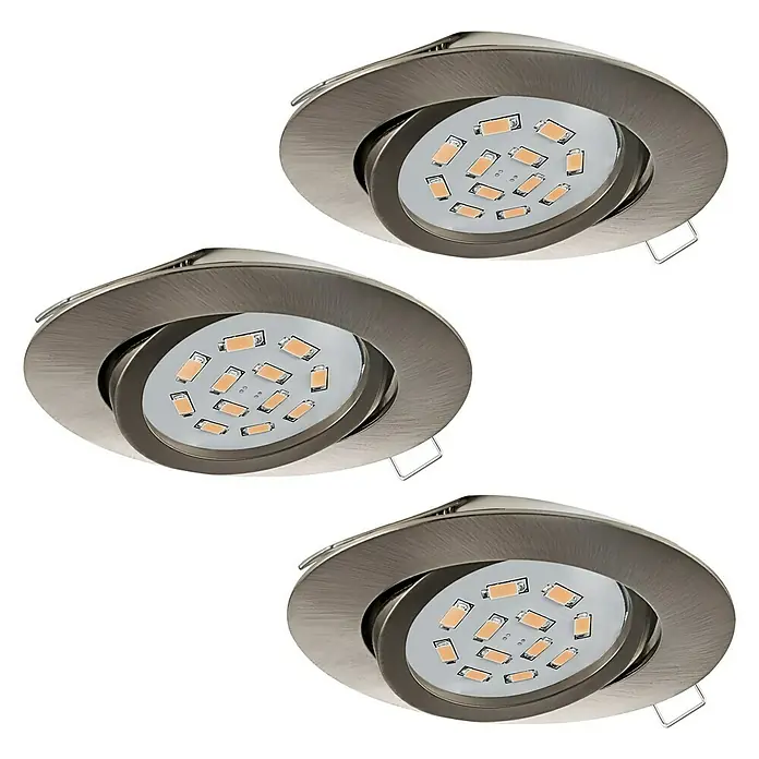 Eglo LED-Einbauleuchte Tedo - 5 W, Nickel matt, Warmweiß, Durchmesser: 7,8 cm, 3 Stk. - Das Bild zeigt drei moderne LED-Einbaustrahler mit gebürsteter Metalloberfläche und warmweißem Licht, ideal für Wohnräume.