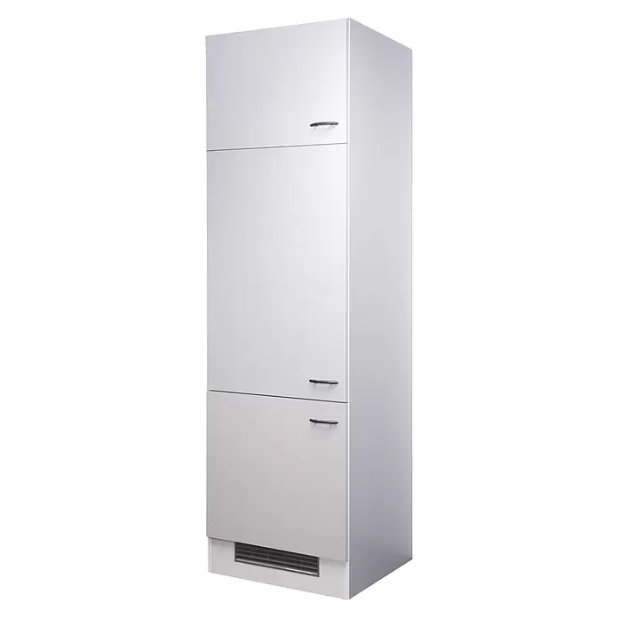 Flex-Well Wito Geräteumbauschrank - B x T x H: 60 x 57 x 200 cm, Weiß - Hoher weißer Schrank mit drei Türen, schwarzen Griffen und einem Lüftungsgitter am Sockel.