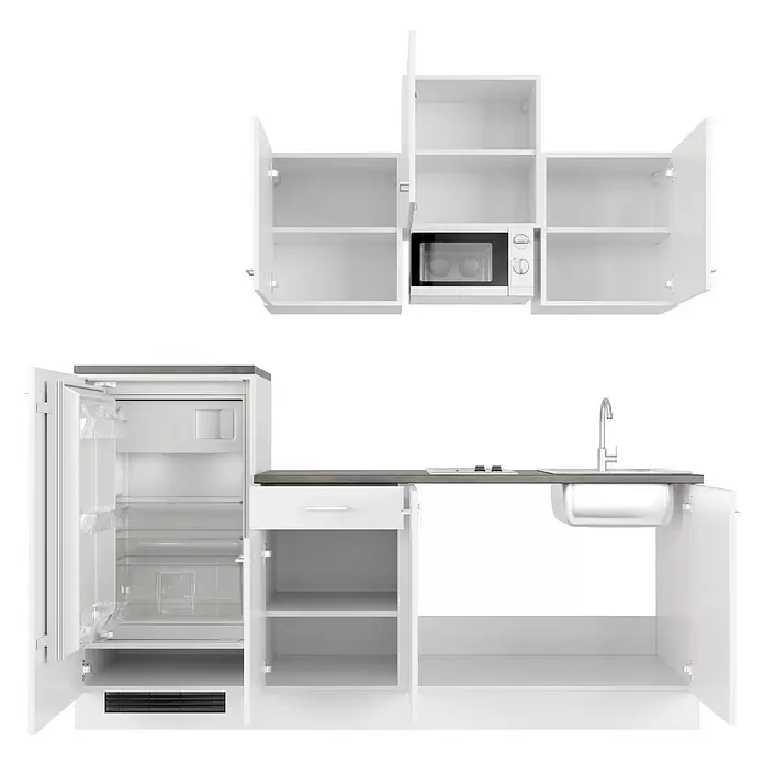 Flex-Well Lucca Singleküche mit Mikrowelle - Breite: 210 cm, Weiß, Mit Elektrogeräten - Weiße modulare Miniküche mit offenen Schränken, Kühlschrank, Mikrowelle, Spüle und Kochfeld.