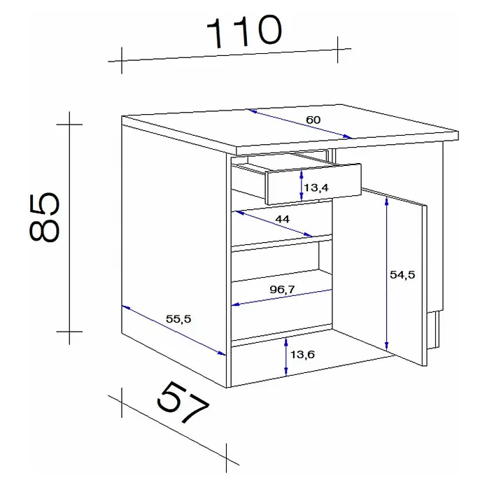 Flex-Well Wito Eck-Unterschrank - B x T x H: 110 x 60 x 85 cm, Weiß - Technisches Diagramm eines Schranks mit Schublade, Regalen und Tür, mit verschiedenen Maßen.