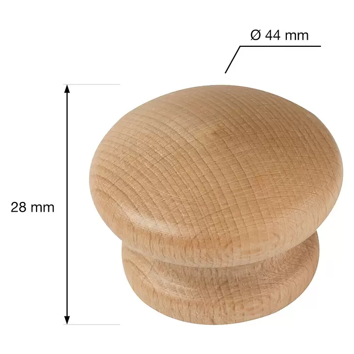 Walteco Möbelgriff Humberto - Typ Möbelgriff: Knopf, Ø x H: 44 x 28 mm, Holz, Buche lackiert - Naturholz-Möbelknauf, 44 mm Durchmesser.