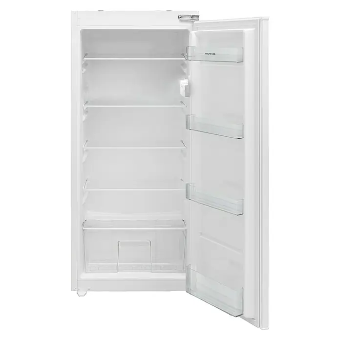 Respekta Einbaukühlschrank KS122.0-10 - Nutzinhalt Gesamt: 193 l, 54,5 x 54 x 122,5 cm - Abbildung eines leeren weißen Kühlschranks mit offenen Regalen und Türfächern, der die Aufbewahrungsmöglichkeiten hervorhebt.