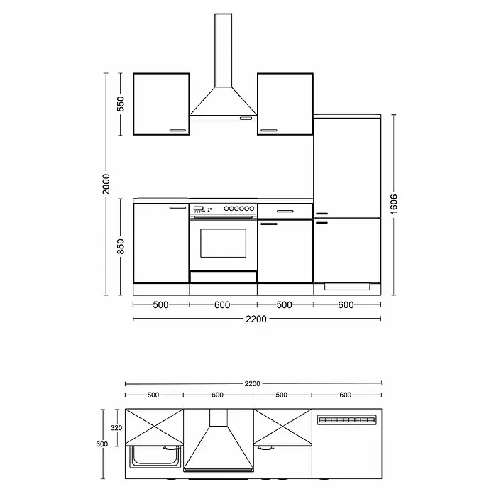 Flex-Well Wito Küchenzeile Typ 1 - Breite: 220 cm, Höhe: 200 cm, Weiß, Mit Elektrogeräten - Küchenplan mit Unter- und Oberschränken, Backofen, Kochfeld, Dunstabzugshaube und Spüle, mit Maßen.