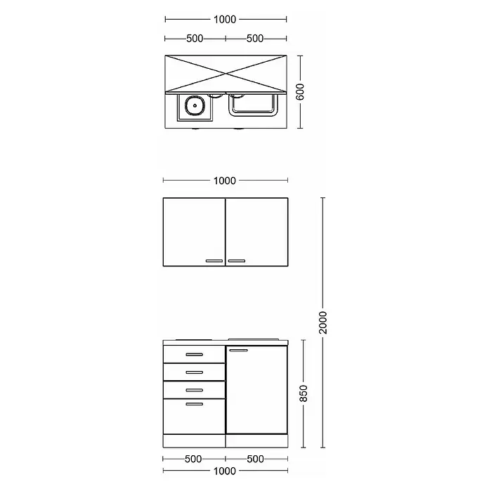 Flex-Well Avila Miniküche - Breite: 100 cm, Magnolia, Mit Elektrogeräten - Technische Zeichnung von Küchenschränken: Aufsicht Spülenunterschrank, Vorderansicht Oberschrank und Unterschrank mit Schubladen, inkl. Maße.