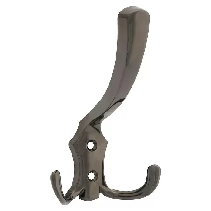 Walteco Garderobenhaken Romana I - L x B x H: 125 x 77 x 75 mm, Anzahl Haken: 3 Stk., Vernickelt Schwarz - Polierter Metall-Doppelhaken mit gebogenem Hauptarm und zwei unteren Haken, mit zwei Befestigungslöchern.