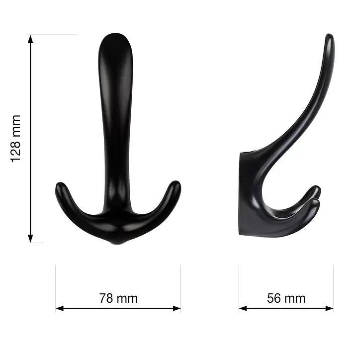 Walteco Garderobenhaken Trillo - L x B x H: 128 x 78 x 56 mm, Anzahl Haken: 3 Stk., Schwarz - Schwarzer, moderner Wandhaken mit drei Zinken. Maße: 128 mm hoch, 78 mm breit, 56 mm tief.