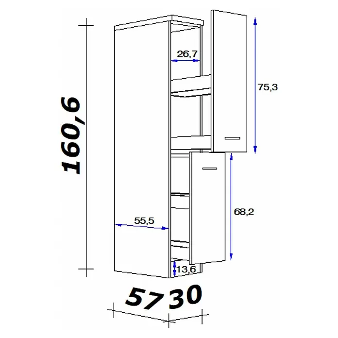 Flex-Well Lund Demi-Apothekerschrank - B x T x H: 30 x 57 x 169 cm, Lichtgrau - Bemaßte Zeichnung eines hohen, schmalen Schranks mit zwei Drehtüren und Innenablagen.