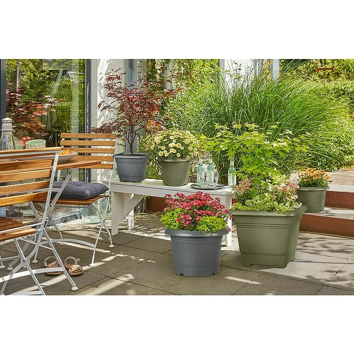 Scheurich Pflanzkübel rund Oliver - Außenmaß (Ø x H): 70 x 49 cm, Kunststoff, Metallic Grey - Eine Nahaufnahme von verschiedenen Pflanzengefäßen auf einer Terrasse, die mit bunten Blumen und Pflanzen bepflanzt sind.