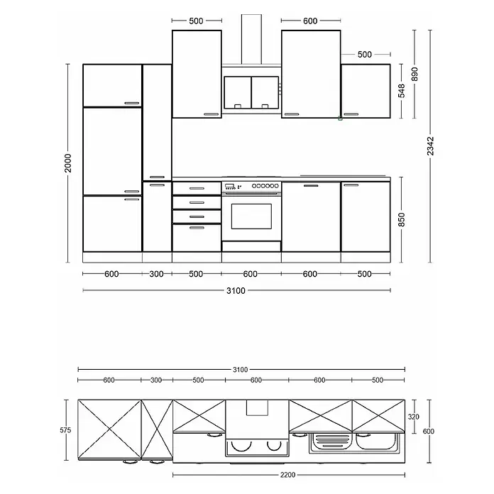 Flex-Well Küchenzeile Capri - Breite: 310 cm, Touch Schwarz, Mit Elektrogeräten, Fibonitspüle - Technische Zeichnung eines Küchenlayouts mit modularen Schränken, Geräten, Vorder- und Draufsicht sowie detaillierten Abmessungen.