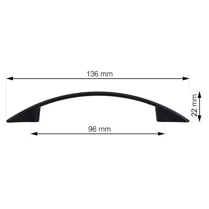 Walteco Möbelgriff Nevada - Lochabstand: 96 mm, Sonstige, Schwarz matt - Schwarzer gebogener Möbelgriff, 136 mm Länge, 96 mm Lochabstand, 22 mm Höhe.
