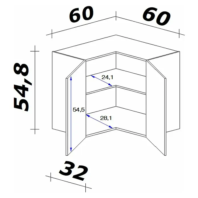 Flex-Well Turin Eck-Hängeschrank - 32 x 60 x 54,8 cm, Anthrazit Miniperl - Technische Zeichnung eines offenen Eckschranks mit zwei Einlegeböden und Maßangaben.