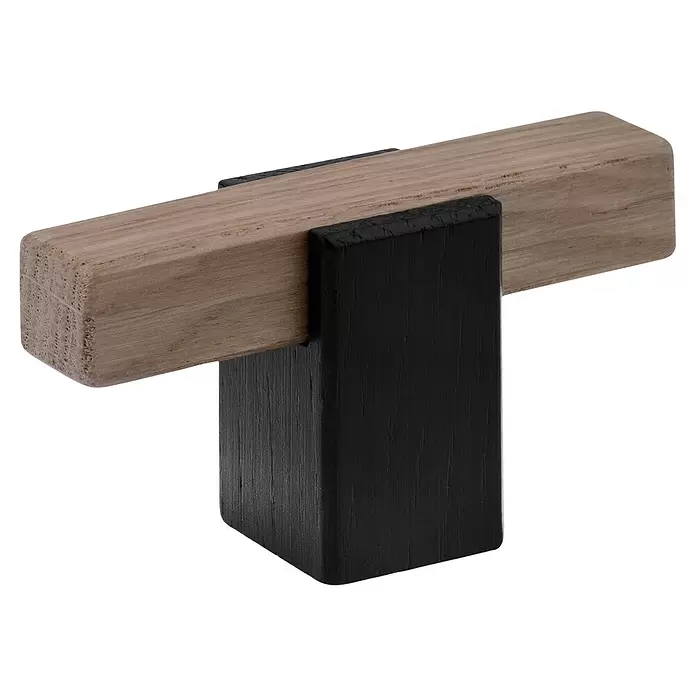 Walteco Möbelknopf Lorca - B x H: 60 x 32 mm, Holz, Holz-Optik - T-förmiger Möbelgriff mit hellem Holzstab und schwarzem Vierkantfuß.