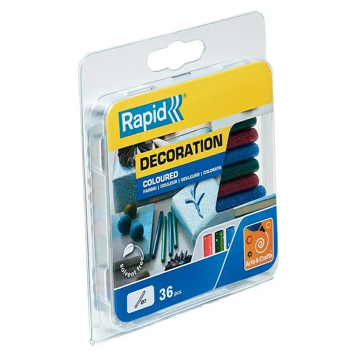 Rapid Klebepatronen Glitzer Klassik - Durchmesser Klebepatrone: 7 mm, Grün/Rot/Blau Glitzer - Rapid Decoration-Set mit 36 Teilen. Das Set enthält farbige Dekorationselemente für kreative Bastelprojekte, lösungsmittelfrei.