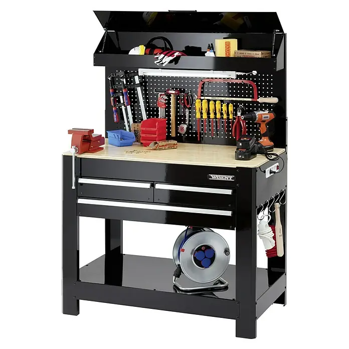 Wisent Banco de trabajo - L x An: 114 x 61 cm, Altura de trabajo: 160 cm, Carga soportada: 140 kg, Negro - Banco de trabajo con herramientas y accesorios. El banco de trabajo cuenta con cajones, tablero perforado y estante superior para almacenaje.