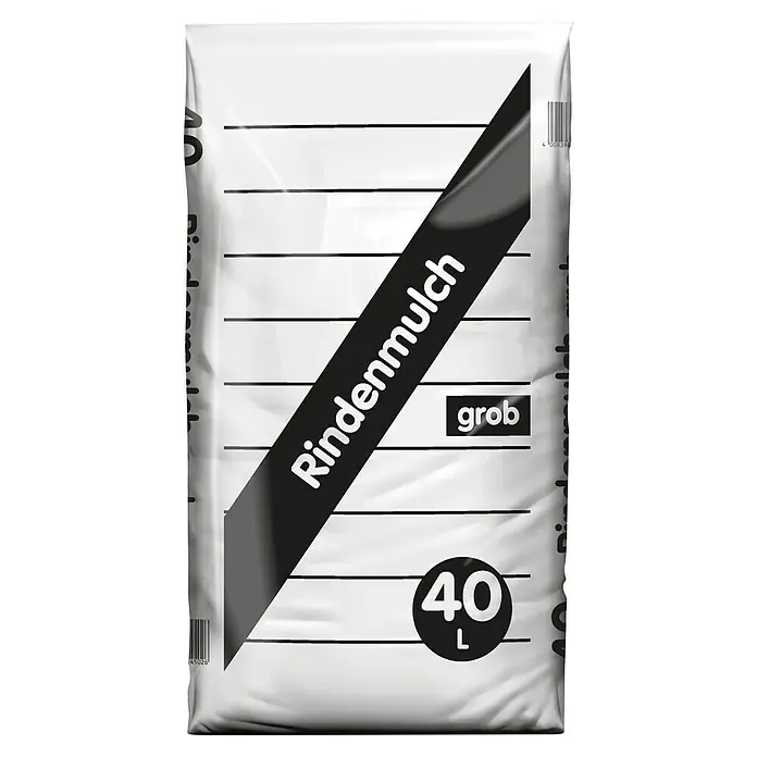 Rindenmulch grob - 40 l, Nadelholzrinde - Weißer 40L Sack grober Rindenmulch mit schwarzer Aufschrift.
