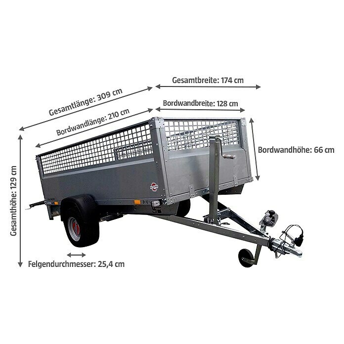 Stema Kippanhänger Rex 21 GitterbordwandNutzlast: 486 kg, Einachser, Kasteninnenmaß: 210 x 128 x 66 cm (inkl. Gitter), Ungebremst Diagonal View