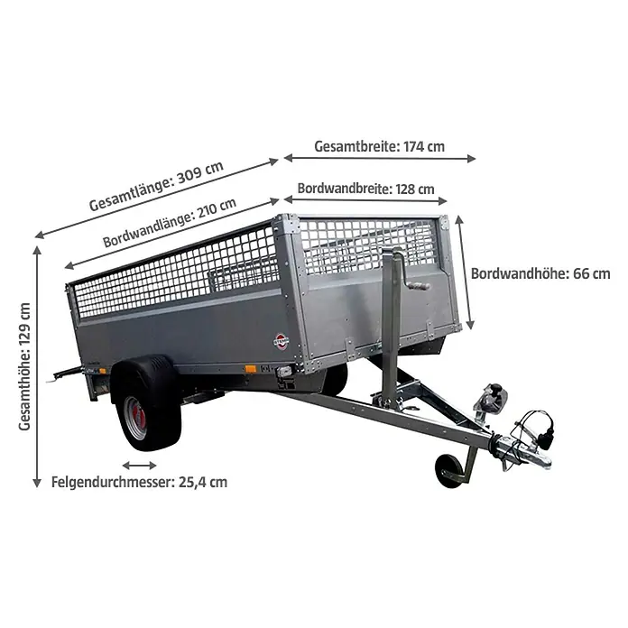 Stema Kippanhänger Rex 21 Gitterbordwand - Nutzlast: 486 kg, Einachser, Kasteninnenmaß: 210 x 128 x 66 cm (inkl. Gitter), Ungebremst - Abbildung eines grauen Anhängers mit Maßangaben zu Länge, Breite und Höhe.