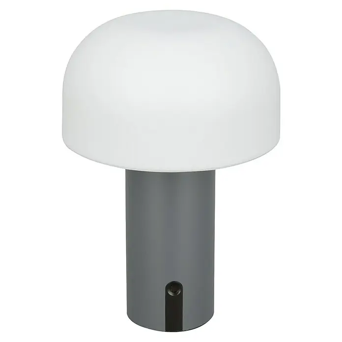 Starlux Akku-Tischleuchte Pilz - 1 W, L x B x H: 22 x 15 x 15 cm, RGBW, Grau - Tischleuchte mit kugelförmigem, weißem Lampenschirm und grauem zylindrischem Fuß für eine elegante Beleuchtung.