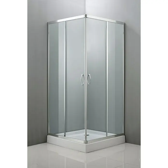 Mampara de ducha esquinera Jade - L x An x Al: 90 x 90 x 195 cm, Cromo - Cabina de ducha angular con puertas de vidrio transparente y marcos plateados, ubicada en la esquina de un baño.