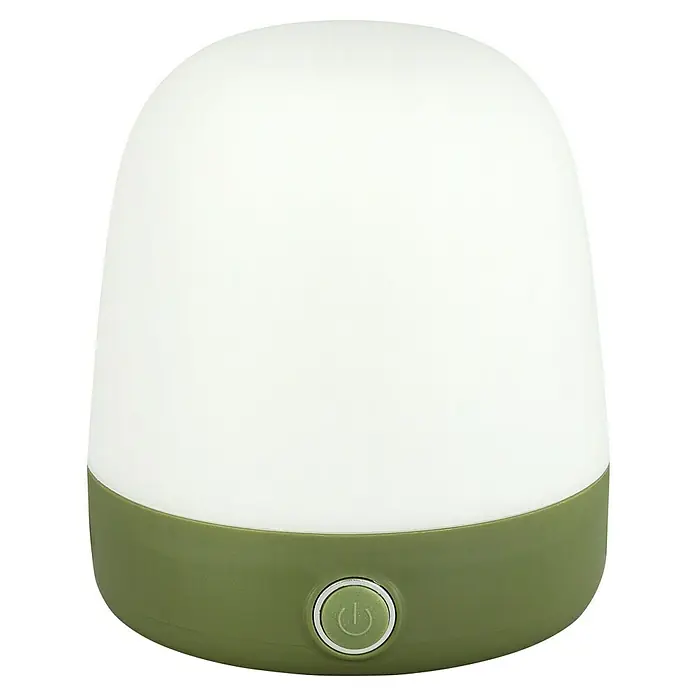 Starlux Akku-Tischleuchte Mini - L x B x H: 10 x 10 x 12 cm, Matcha Green, RGBW, 0,3 W, IP44 - Nahaufnahme einer tragbaren LED-Tischleuchte mit grünem Sockel und Ein-/Ausschalter. Ideal für Camping und als Nachtlicht.
