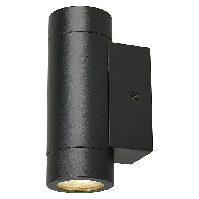 Tween Light Außenwandleuchte Vada - Schwarz, L x B: 16 x 6 cm - Nahaufnahme einer modernen schwarzen Zylinder-Wandleuchte, die ein elegantes und minimalistisches Design für den Außenbereich zeigt.