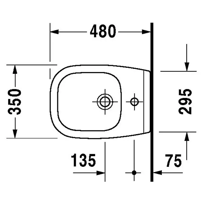 Duravit D-Code Wand-Bidet Compact - 35 x 48 cm, Weiß, Keramik, Ohne Spezialglasur - Draufsicht eines Sanitärkeramik-Bidets mit Maßangaben zu dessen Abmessungen und Wandabstand für Installationszwecke.