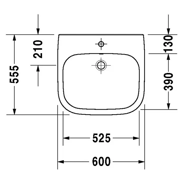 Duravit D-Code Waschtisch Vital Med - 60 x 55,5 cm, Ohne Spezialglasur, Hahnloch: Mitte, Mit Überlauf, Weiß - Draufsicht des Waschtisches mit den Maßen 600x555 mm. Die Beckenbreite ist 525 mm und die Tiefe 390 mm.